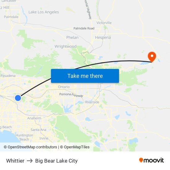 Whittier to Big Bear Lake City map