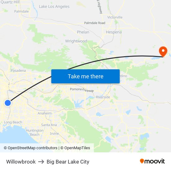 Willowbrook to Big Bear Lake City map