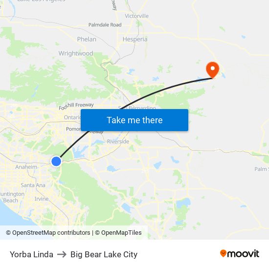 Yorba Linda to Big Bear Lake City map