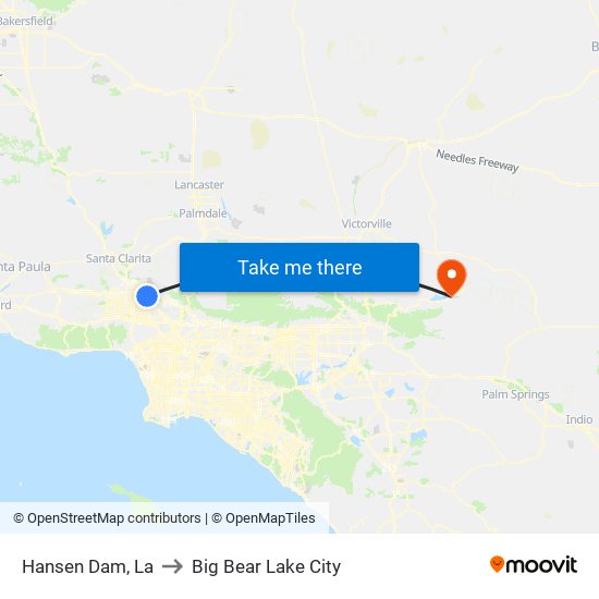 Hansen Dam, La to Big Bear Lake City map