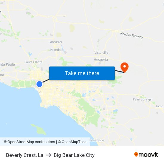 Beverly Crest, La to Big Bear Lake City map
