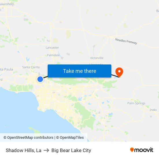 Shadow Hills, La to Big Bear Lake City map