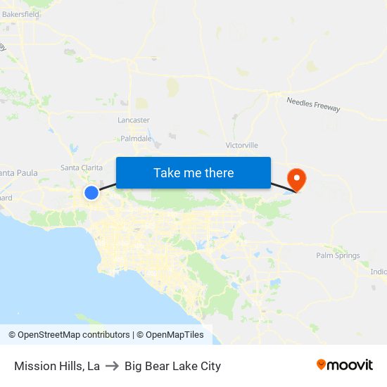 Mission Hills, La to Big Bear Lake City map