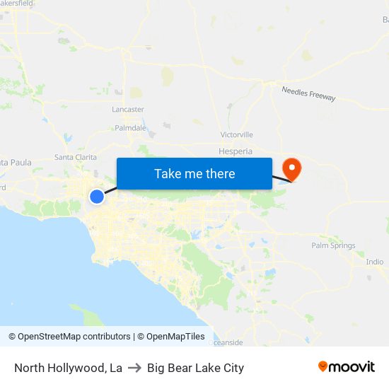 North Hollywood, La to Big Bear Lake City map