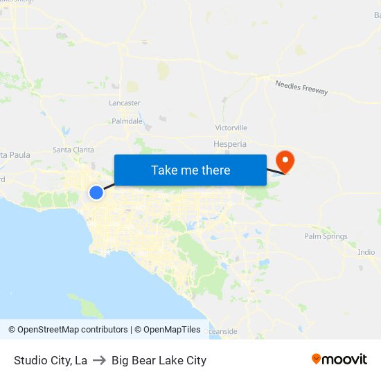 Studio City, La to Big Bear Lake City map
