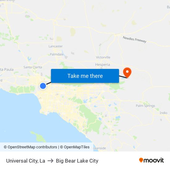 Universal City, La to Big Bear Lake City map