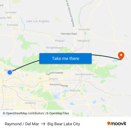 Raymond / Del Mar to Big Bear Lake City map