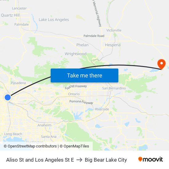 Aliso St and Los Angeles St E to Big Bear Lake City map