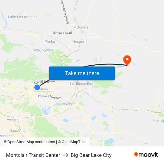 Montclair Transit Center to Big Bear Lake City map