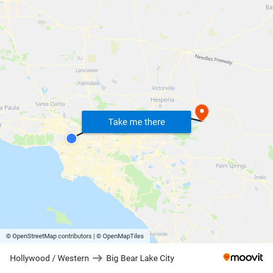 Hollywood / Western to Big Bear Lake City map