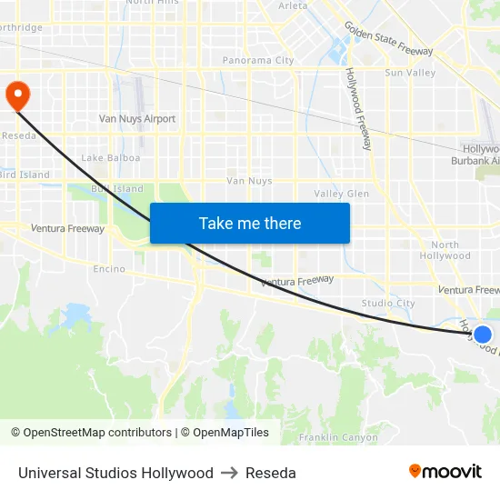 Universal Studios Hollywood to Reseda map
