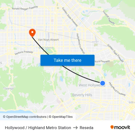 Hollywood / Highland Metro Station to Reseda map