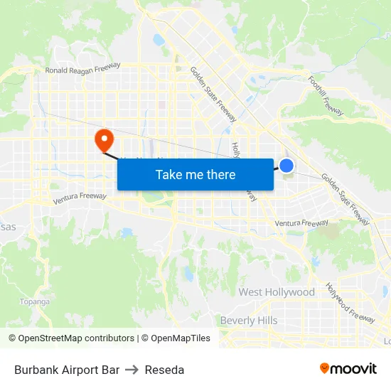 Burbank Airport Bar to Reseda map