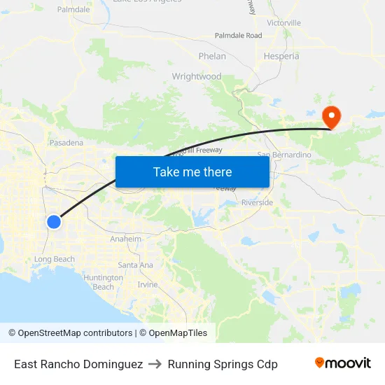 East Rancho Dominguez to Running Springs Cdp map