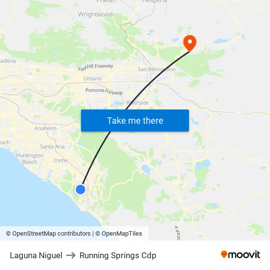 Laguna Niguel to Running Springs Cdp map