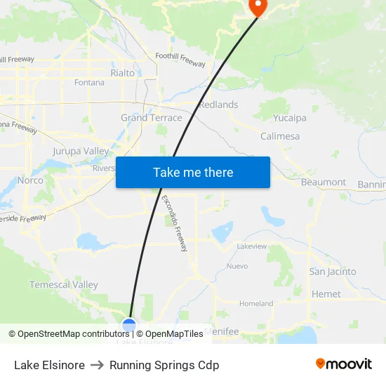 Lake Elsinore to Running Springs Cdp map
