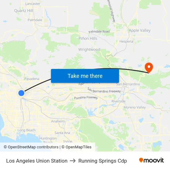 Los Angeles Union Station to Running Springs Cdp map