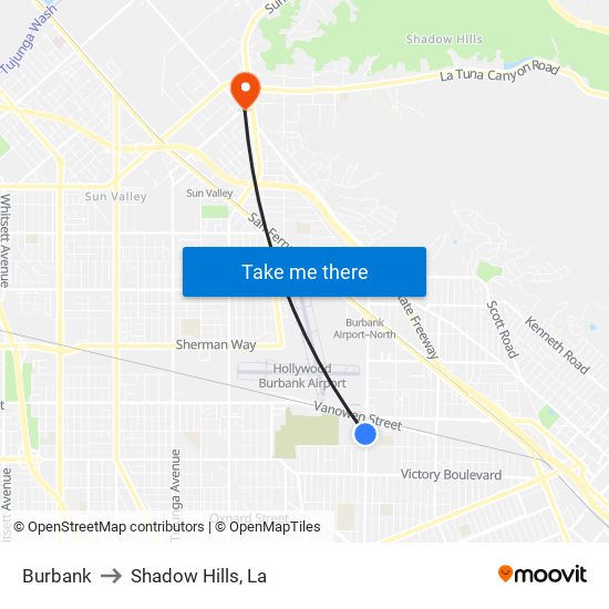 Burbank to Shadow Hills, La map