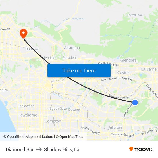 Diamond Bar to Shadow Hills, La map