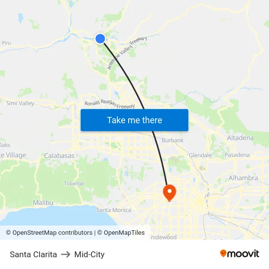 Santa Clarita to Mid-City map