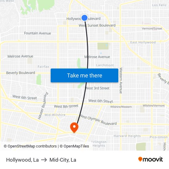 Hollywood, La to Mid-City, La map