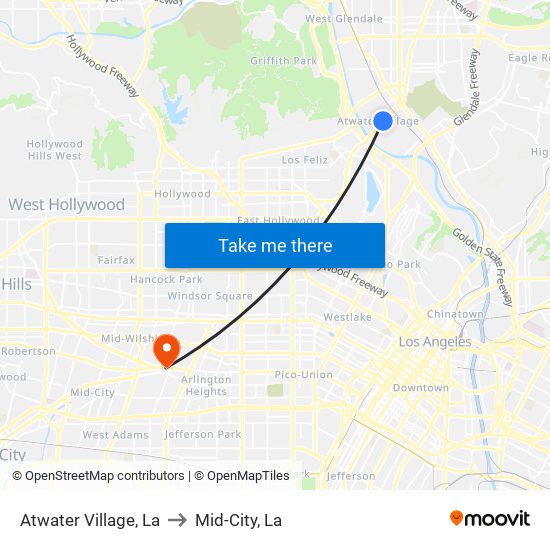 Atwater Village, La to Mid-City, La map