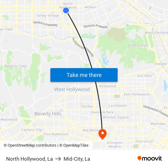 North Hollywood, La to Mid-City, La map