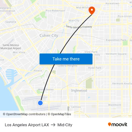 Los Angeles Airport LAX to Mid-City map