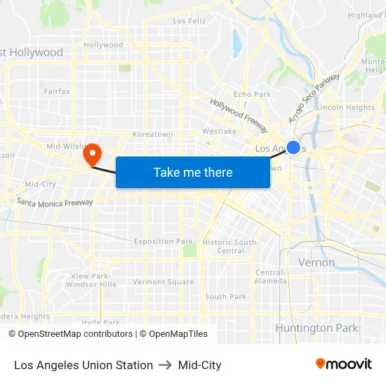 Los Angeles Union Station to Mid-City map