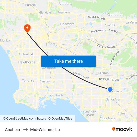 Anaheim to Mid-Wilshire, La map