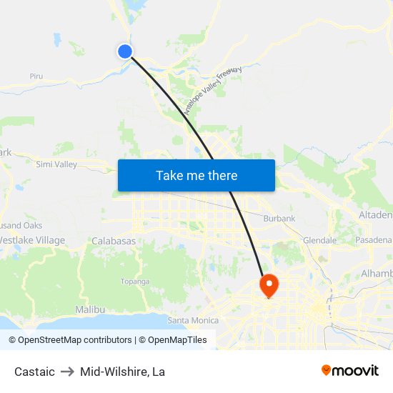 Castaic to Mid-Wilshire, La map