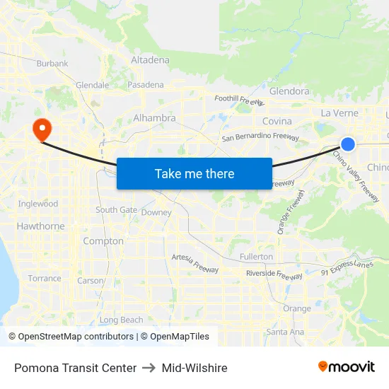 Pomona Transit Center to Mid-Wilshire map