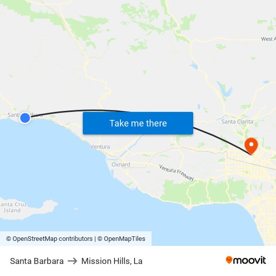 Santa Barbara to Mission Hills, La map