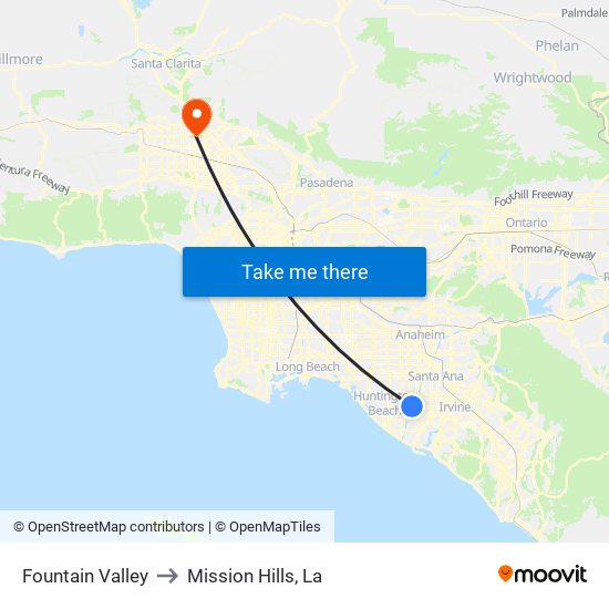 Fountain Valley to Mission Hills, La map