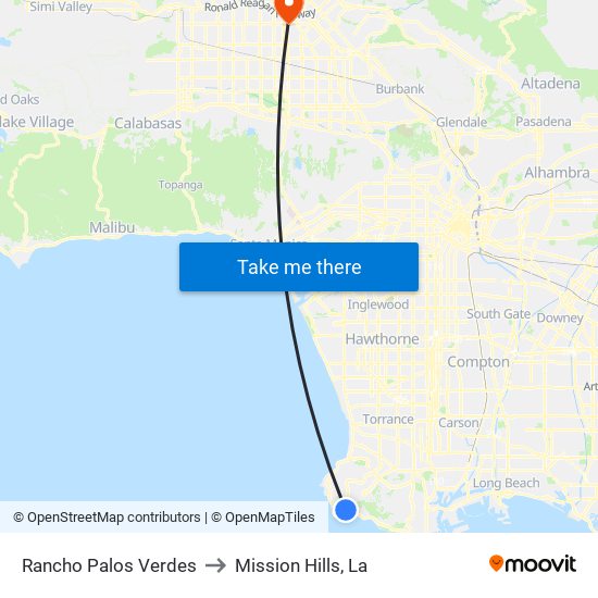 Rancho Palos Verdes to Mission Hills, La map