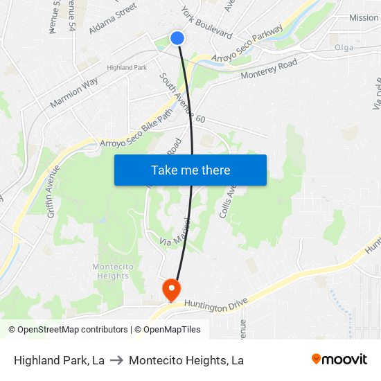 Highland Park, La to Montecito Heights, La map