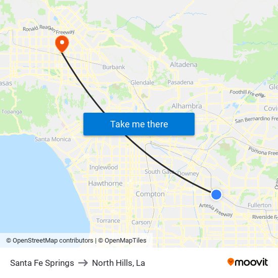 Santa Fe Springs to North Hills, La map