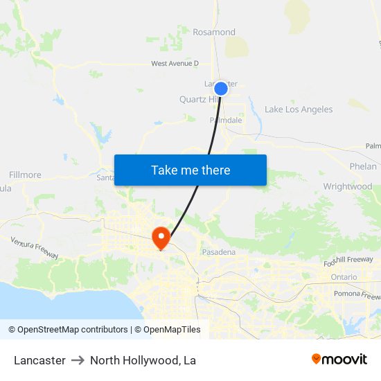 Lancaster to North Hollywood, La map