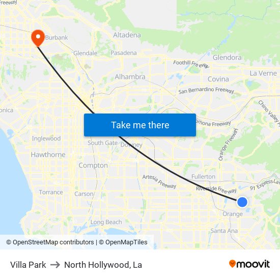 Villa Park to North Hollywood, La map