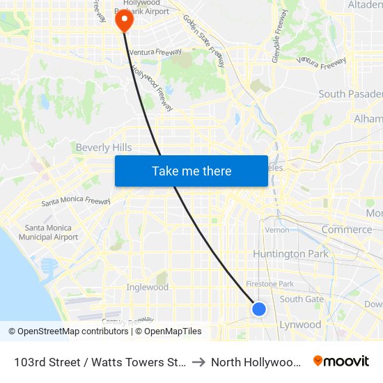 103rd Street / Watts Towers Station to North Hollywood, La map