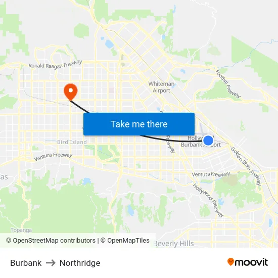 Burbank to Northridge map