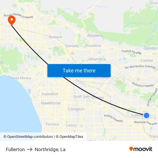 Fullerton to Northridge, La map