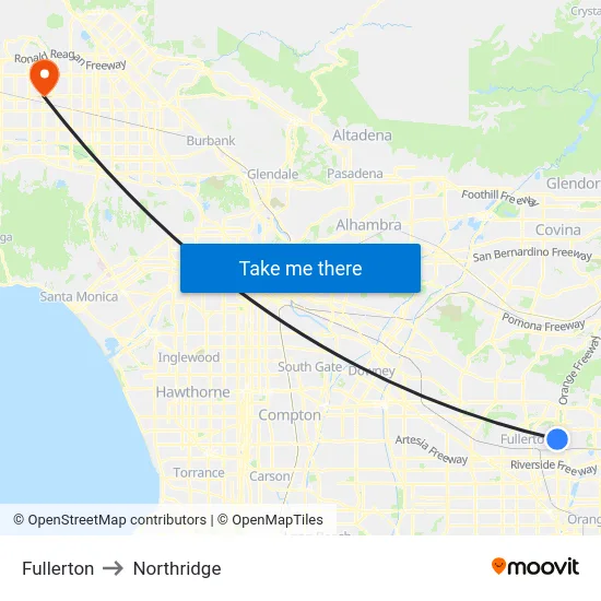 Fullerton to Northridge map