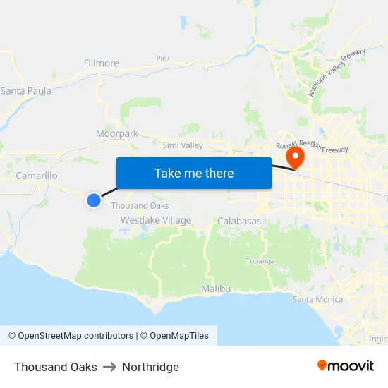 Thousand Oaks to Northridge map