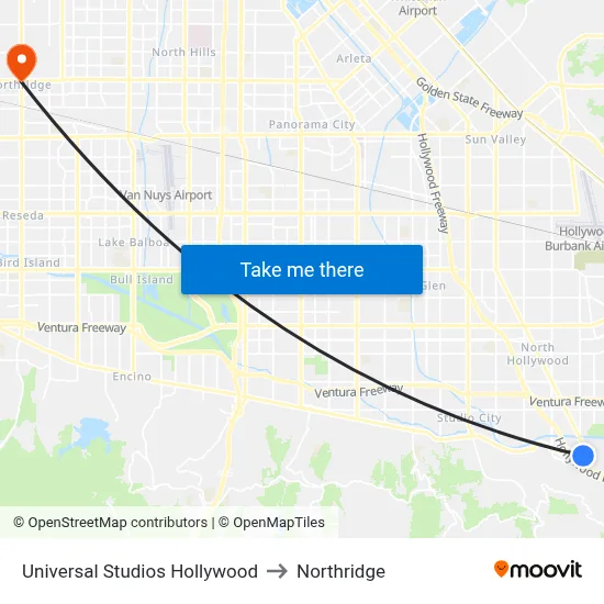 Universal Studios Hollywood to Northridge map