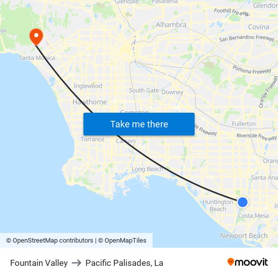 Fountain Valley to Pacific Palisades, La map