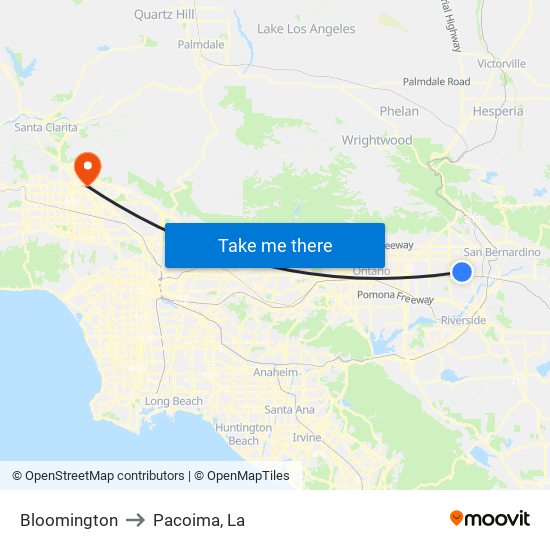 Bloomington to Pacoima, La map