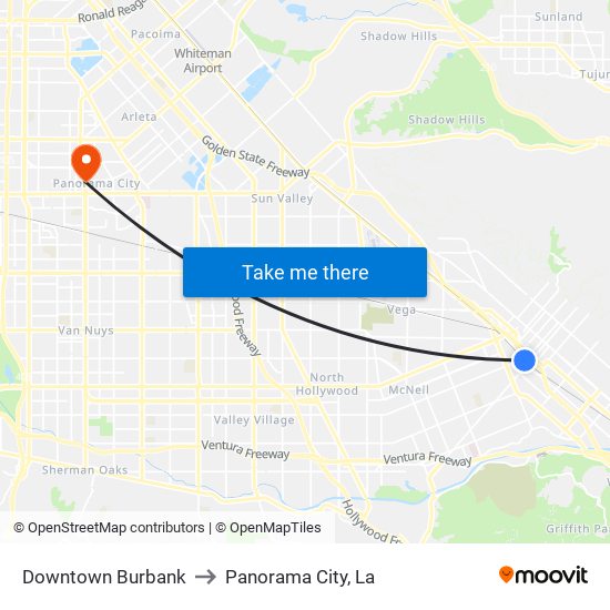 Downtown Burbank to Panorama City, La map