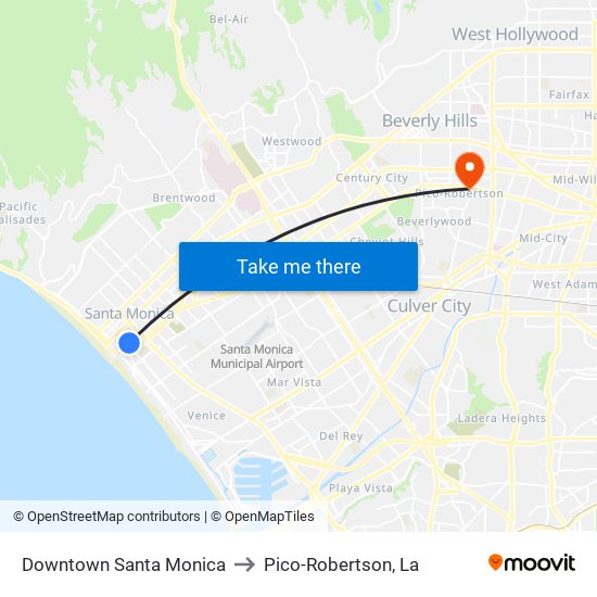 Downtown Santa Monica to Pico-Robertson, La map