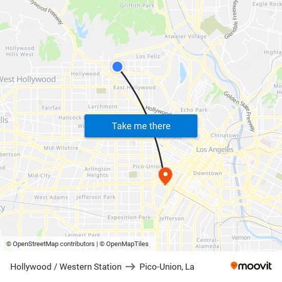 Hollywood / Western Station to Pico-Union, La map